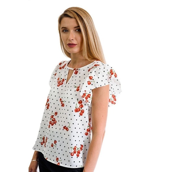 Cherries & Polka Dots on White Keyhole Blouse w Cap Sleeves Sz Small - Hey Viv - Picture 3 of 5